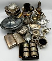 Good collection of silver plated items to include a heart shaped bun handled chestnut roaster, a