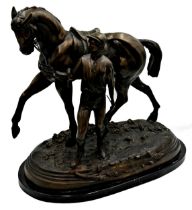 Large bronze character group of horse and Jockey inscribed Edgar B* dated 1972, upon a black