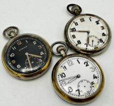 Three military pocket watches with military stamps