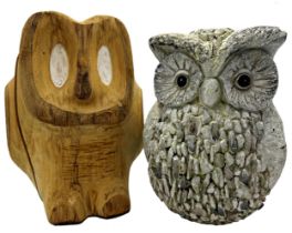 A carved treen and a pottery owl, each 27cm high approx (2)