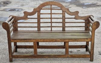 Stained teak three seat Lutyens bench, 102cm high x 169cm wide