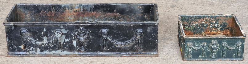 Antique rectangular cast iron planter together with a further matching square example (2)