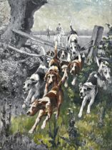 George Wright (1860-1942) - Hunt scene with foxhounds leading riders through a fence, signed and