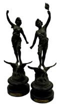 Pair of French spelter figures, one labelled 'La Nuit' the other 'Le Jour', 35cm high (2)