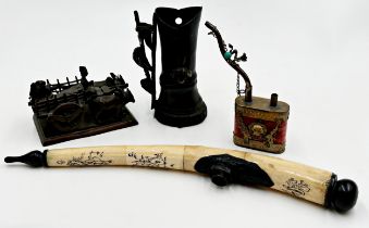 Group of Oriental cabinet items to include, Chinese rose quartz and metal opium pipe, bronze