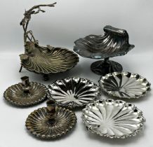 Silver plated cast scallop shell comport, with floral trail, 24cm wide together with a further