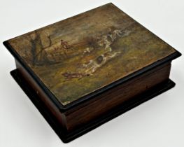 19th century oak box, the hinged lid painted with a hunt scene of a fox, hounds and huntsmen,