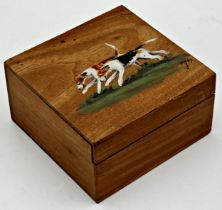 Early 20th century walnut box, the hinged lid hand painted with two fox hounds, monogrammed, 6cm