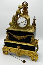 Good French gilt cast metal and black marble figural mantle clock, with key and pendulum H 45cm