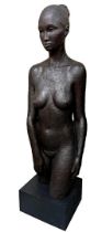 Exceptional quality plaster sculpture of a nude lady, with bronzed effect finish upon a black square