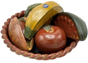 Unusual South American pottery fruit bowl and fruit, to include banana, watermelon, papaya etc,