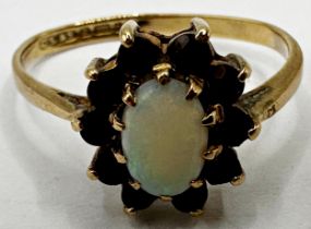 9ct opal and garnet cluster ring, size O, 2.2g