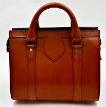 Swaine Adeney Brigg medium sized tan leather tote bag with gold-tone hardware. Features interior zip