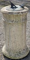 Reconstituted stone column sun dial, with butterfly decoration, 56cm high
