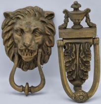 Antique cast brass lionhead door knocker, 20cm, together with a further neo classical knocker