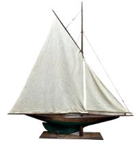 Good quality large oak painted pond yacht with two cotton sails and stand, 135cm high x 125cm long