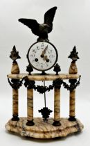 19th century French bronze and marble portico clocks, mounted by an eagle, twin train painted enamel
