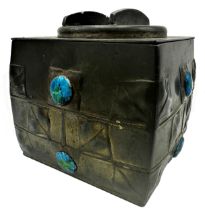 Archibald Knox for Liberty Tudric pewter lidded caddy inset with Ruskin enamel cabouchon, 13cm