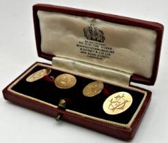 Cased pair of 9ct cufflinks, engraved with Bydand crest, 7.4g in an Asprey box