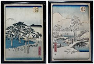 A pair of Japanese wood block prints, each depicting an exterior landscape in different seasons,