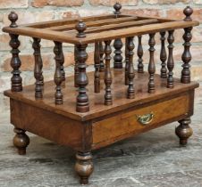 Antique mahogany three divisional Canterbury, fitted with a single drawer, 51cm high, 55cm wide,