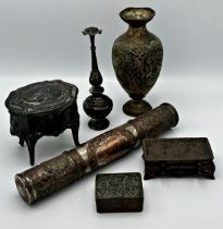 Collection of Eastern metalware to include an Indian silver plated scroll holder with baize lined