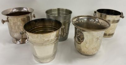 Five various white metal, twin-handled champagne or ice buckets, in pewter and silver plate (5)