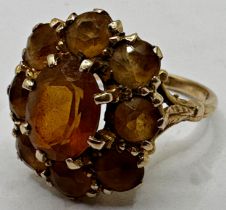 9ct citrine cluster ring, the central stone 1.5ct approx, size M, 4.7g