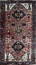 Antique Hamadan full pile runner, three medallions on washed red ground, L204 x W102cm