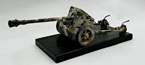 Scale model of an artillery cannon with original paintwork upon a black plinth wooden base, 41cm