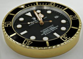 'Rolex' Submariner novelty wall clock, with black dial and black and gold bezel, sweeping second