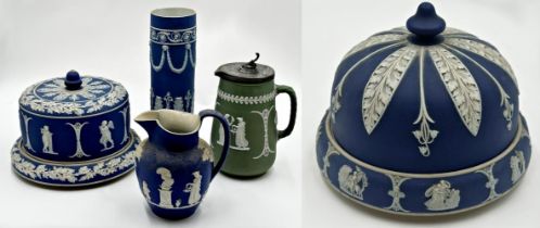 Wedgwood Jasperware cheese dish and cover, 28cm diameter, with further smaller example, two jugs and