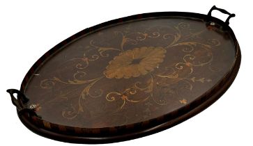 Good quality late 19th century boxwood inlaid twin handled gallery tray, the body inlaid with