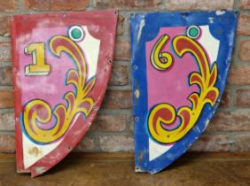 Two vintage sheet metal hand painted fairground signs/panels, numbered 1 and 6, 55cm long (2)