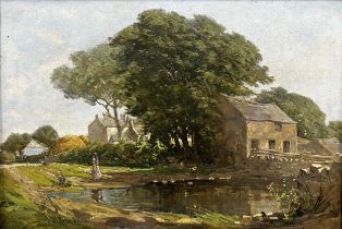 John Lawson (1869-1909) - Summer rural scene, with a female figure stood by a pond, signed, oil on