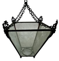 19th century iron framed tapered hanging hall lantern fitted with four glass panels, the corners