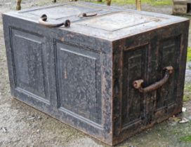 Substantial 19th century iron strongbox with fielded panels, carry handles to each side and rising