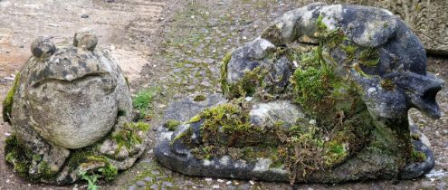 Weathered stone recumbent figure (missing head) together with a weathered reconstituted stone garden