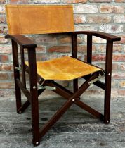 Contemporary teak directors chair with leather seat and back, 88cm high