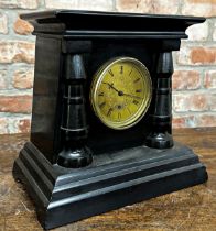 English heavy slate mantel clock with Empire style dial, engraved floral paisley decoration, English