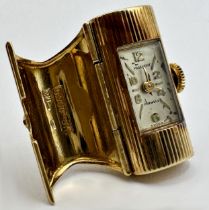 Good Vintage 18k novelty Praesent 17 jewels watch ring, hinged door enclosing a square dial with