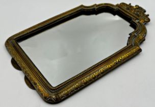 Good quality aesthetic period brass framed easel mirror, with pierced stylised lyre mount and darted