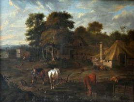 19th century school - a rural farmyard landscape with figures, horses, cattle and pigs, unsigned,