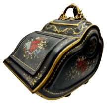 Good 19th century Pontypool Jappaned toleware coal scuttle the hinged lid and sides hand painted