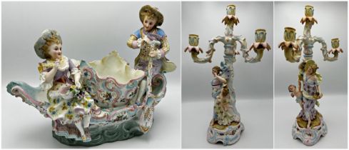 Continental three piece bisque porcelain garniture comprising centerpiece of lovers on a boat around