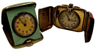 Two Art Deco brass and enamel hinged purse clocks