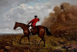 19th century school - Huntsman on horseback with hounds, monogrammed PM?, oil on canvas, 30 x