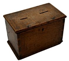 19th century primitive oak collection box the hinged lid with two holes for coins, containing