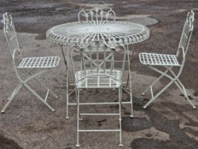 Contemporary painted metal garden terrace set to include a circular top table, 77cm high x 100cm