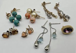 Six pairs of gold earrings to include coral, turquoise, aquamarine etc, with two further singles,